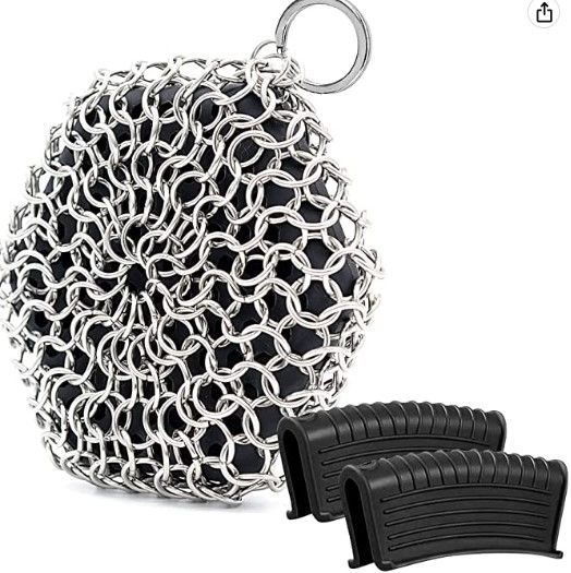 Photo 1 of (X2) Cast Iron Skillet Cleaner,Chainmail Scrubber Chain Scrub Metal Scraper Brush for Pan Pot Grill Griddle Dish Wok Cookware with Silicone Assist Handle Holder,316 Stainless Steel Cleaning Tool (Black)
