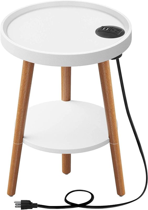 Photo 1 of **MINOR DAMAGE** Greenstell End Table with Charging Station, Round Side Table with Storage Shelf, USB Ports and Anti-Drop Fence, 2-Tier Small Nightstand Sofa Table for Living Room, Bedroom White 15 * 15 * 20.4inches
