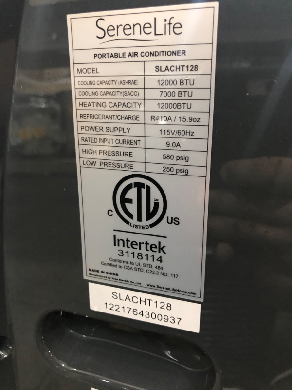 Photo 1 of SereneLife SLACHT128 Portable Air Conditioner Compact Home AC Cooling Unit with Built-in Dehumidifier & Fan Modes, Quiet Operation, Includes Window Mount Kit, 12,000 BTU + HEAT, White
- Missing/loose hardware