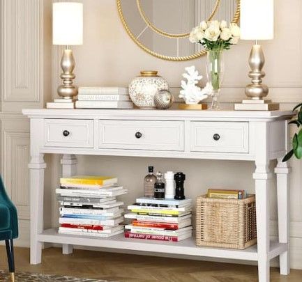 Photo 1 of **MINOR SHIPPING DAMAGE** Classic Retro Style 50 in. Antique White Rectangle Pine Console Table with 3 Top Drawers and Open Style Bottom Shelf
