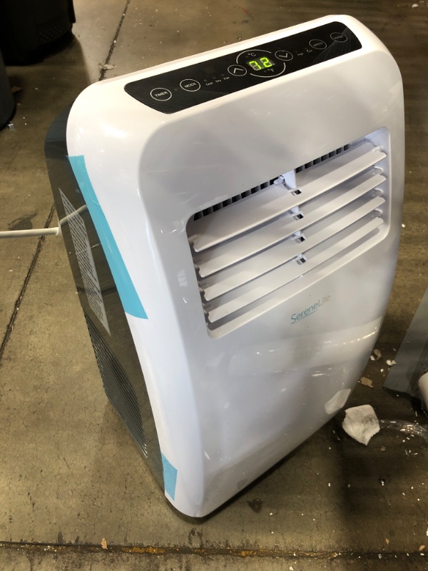 Photo 2 of **MISSING REMOTE* MINOR DAMAGE* SereneLife SLPAC8 Portable Air Conditioner Compact Home AC Cooling Unit with Built-in Dehumidifier & Fan Modes, Quiet Operation, Includes Window Mount Kit, 8,000 BTU, White
