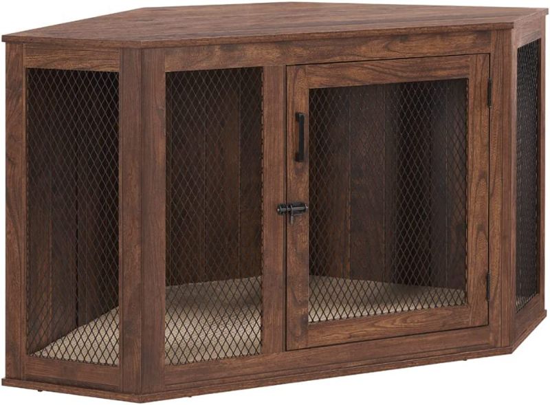 Photo 1 of **MISSING PARTS DAMAGED** unipaws Furniture Corner Dog Crate with Cushion, Dog Kennel with Wood and Mesh, Dog House, Pet Crate Indoor Use, Perfect for Limited Room (Large, Walnut)
