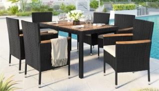 Photo 1 of **PARTS ONLY* BOX 1 OUT OF 3* 7-Piece Outdoor Patio Dining Set Garden PE Rattan Wicker Table and Chairs Acacia Wood Tabletop Stackable Armrest Chairs with Cushions 2022
