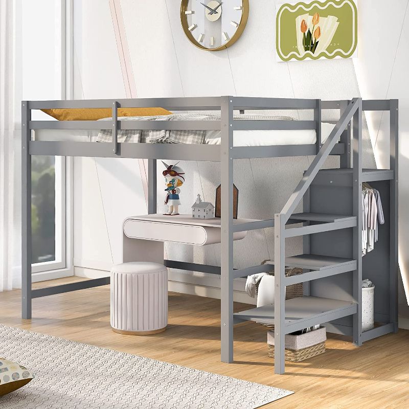 Photo 1 of *INCOMPLETE SET BOX 1 OUT OF 2** *MINOR SCRATCHES** Merax Full Size Loft Bed with Built-in Storage Wardrobe and Staircase, No Box Spring Needed, Gray
