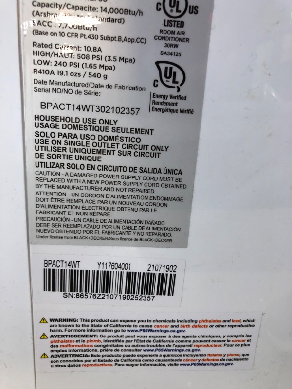 Photo 5 of **NON FUNCTIONAL** PARTS ONLY** MISSING REMOTE** BLACK+DECKER Air Conditioner, 14,000 BTU Air Conditioner Portable for Room up to 700 Sq. Ft., 3-in-1 AC Unit, Dehumidifier, & Fan, Portable AC with...
