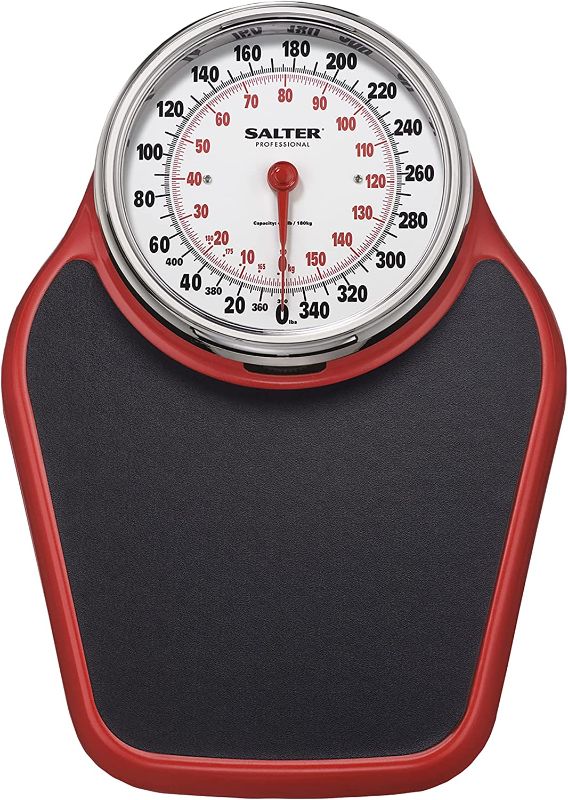 Photo 1 of **DOESNT WEIGH PROPER** Salter Pro-Helix Professional Oversized Bathroom Scale with Black/Red powder-coated steel coated base, Anti-Slip Bath Mat, 400 LB Capacity, Analog Scale, 18.25 x 13.0 Inch, Black/Red
