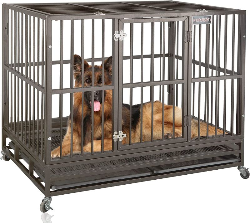 Photo 1 of **MINOR DAMAGE** 46 Inch Heavy Duty Indestructible Dog Crate Cage Kennel with Wheels, Escape Proof Dog Kennel Crate for Large Dogs, Extra Large XXL Dog Crates Indoor with Sturdy Lock, Double Door & Removable Tray
