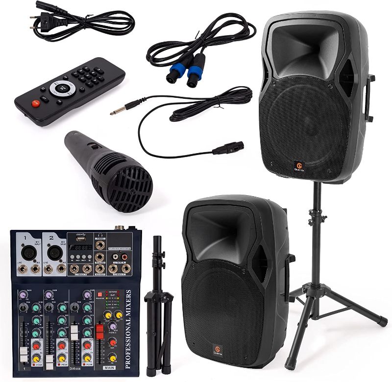 Photo 1 of **DAMAGED** GEEMIX DJ Speakers | Dual 15 in High-Powered Loudspeakers 4000W | PA System w/ 2 Speakers, 2 Stands, Microphone, Mixer and More | Karaoke and Concert Speakers | Wireless Bluetooth/USB Connections
