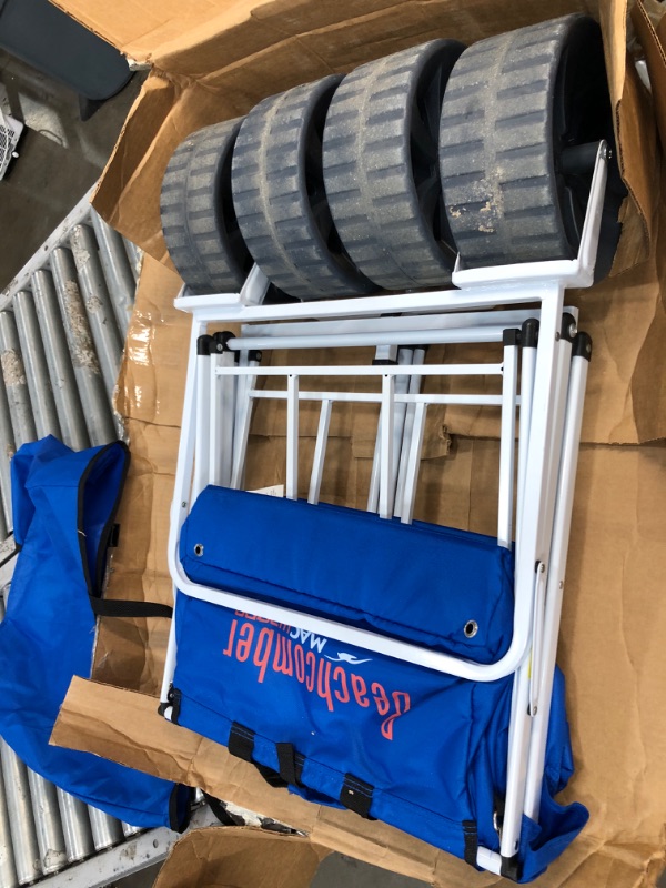 Photo 3 of **SMALL TEAR TO CARRY CASE** MacSports Heavy Duty Collapsible Folding All Terrain Utility Beach Wagon Cart, Blue/White
