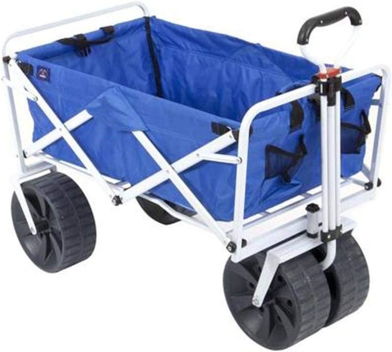 Photo 1 of **SMALL TEAR TO CARRY CASE** MacSports Heavy Duty Collapsible Folding All Terrain Utility Beach Wagon Cart, Blue/White
