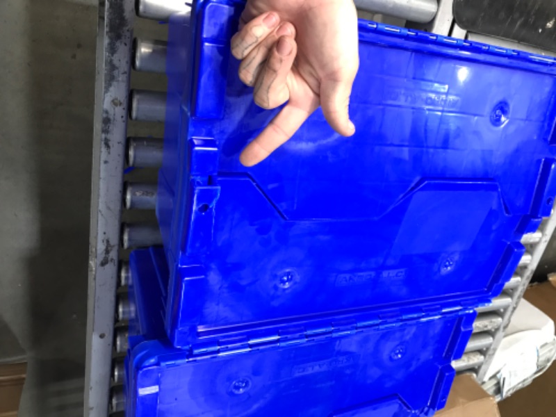 Photo 1 of Akro-Mils 39120 Industrial Plastic Storage Tote with Hinged Attached Lid, (21-Inch L by 15-Inch W by 12-Inch H), Blue, (5-Pack)
