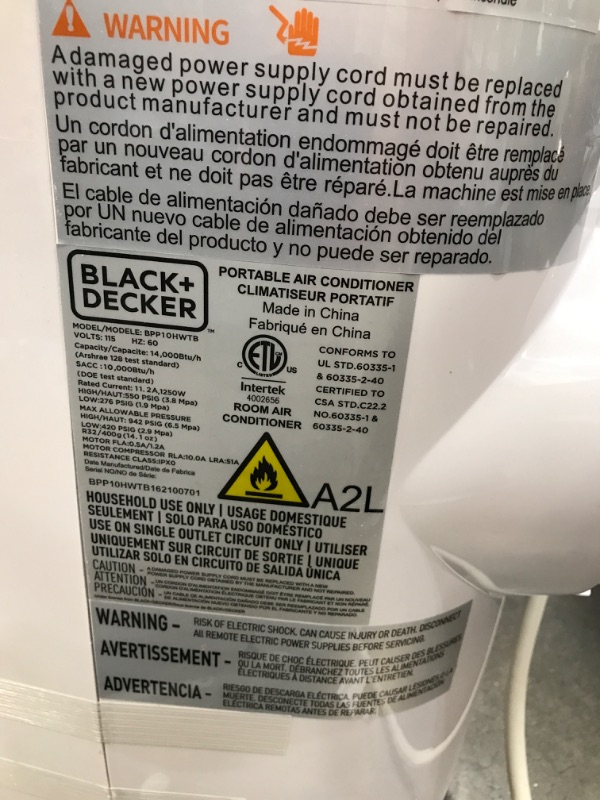 Photo 4 of **MINOR DAMAGE BLOWS COLD** Black+decker Bpp10hwtb Portable Air Conditioner with Heat and Remote Control, 10,000 BTU SACC/CEC (14,000 BTU Ashrae), Cools Up to 450 Square Feet, WH