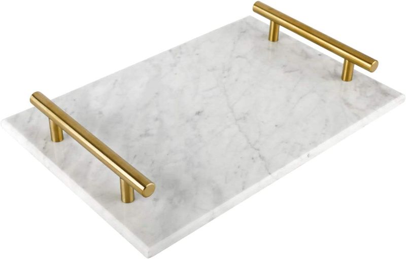 Photo 1 of **SET OF 3** Gold Handle & White Faux Printed Marble Metal Decorative Table Tray 10" x 7.5"
