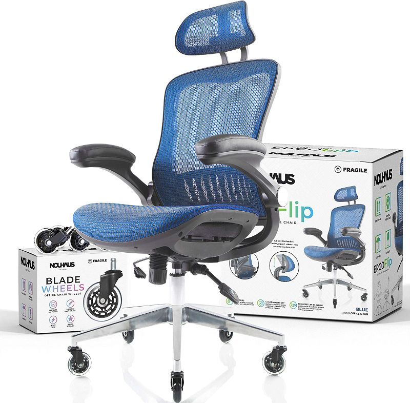 Photo 1 of **MISSING PARTS**SLIGHT DAMAGE** NOUHAUS ErgoFlip Mesh Computer Chair - Rolling Desk Chair with Retractable Armrest and Blade Wheels Ergonomic Office Chair, Desk Chairs, Executive Swivel Chair, Reinforced Base (Blue)
