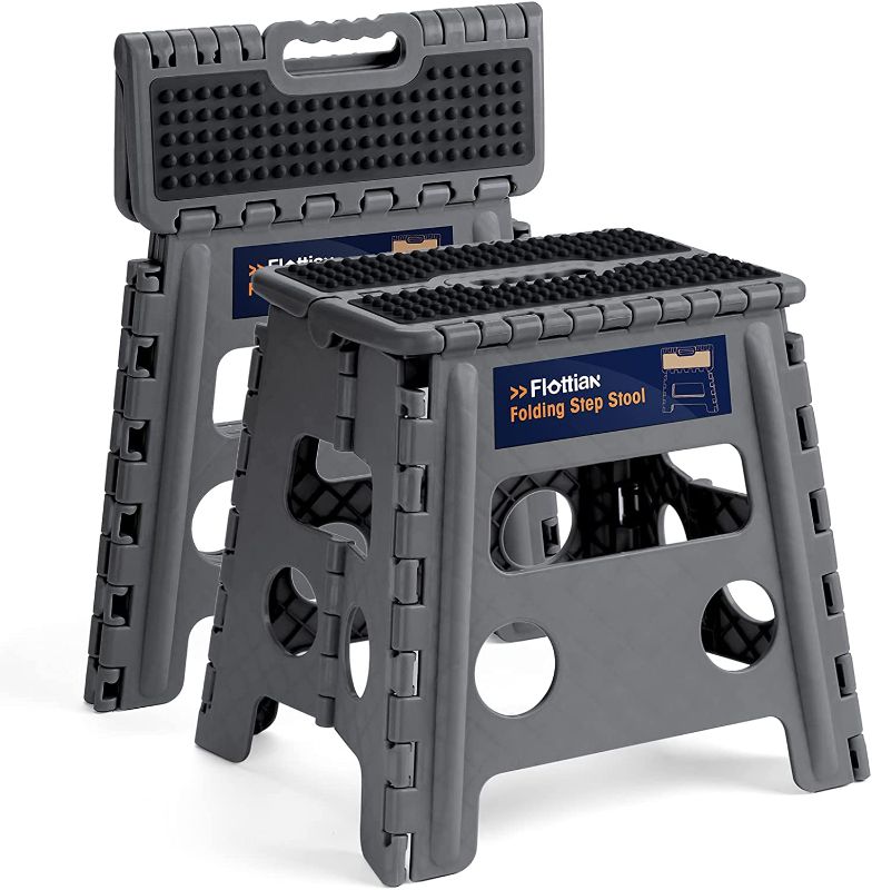 Photo 1 of **MAJOR DAMAGE** Flottian 13" Folding Step Stool for Adults and Kids Holds Up to 300 lbs ,Non-Slip Folding Stools with Handle, Compact Plastic Foldable Step Stool for Bathroom,Bedroom, Kitchen Gray,2PC
