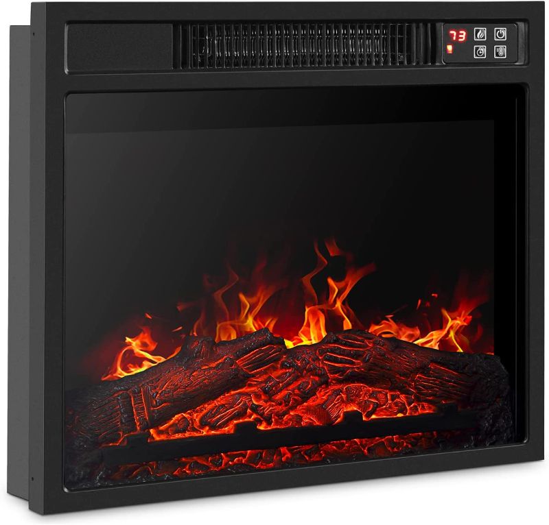 Photo 1 of **MINOR DENTSON TOP** BELLEZE 18 Inch 1400W Electric Fireplace Insert, Stove Heater for TV Stand with Recessed Mounted Flame, LED Logs, Remote Control, Safety Protection - Black
