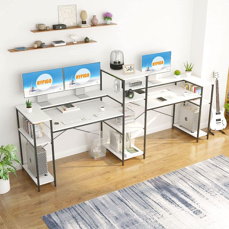 Photo 1 of 109 Inches White Double Computer Desk, Extra Long Two Person Desk Workstation with Storage Shelves & Monitor Stand, Large Office Desk Study Writing Table for Home Office
