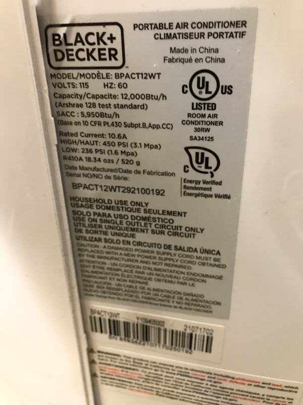 Photo 4 of **DAMAGED* MISSING PARTS * BLACK+DECKER 12,000 BTU Portable Air Conditioner with Heat and Remote Control, White
