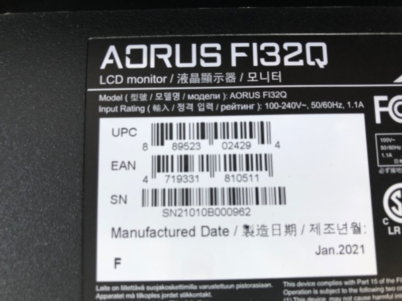 Photo 8 of AORUS FI32Q 32" 165Hz 1440p HBR3, NVIDIA G-SYNC Compatible, Exclusive Built-in ANC, -KVM, 2560x1440 Display, 1ms Response Time, HDR, 94% DCI-P3, 1x DisplayPort 1.4, 2x HDMI 2.0, 2x USB 3.0, 1x USB C

