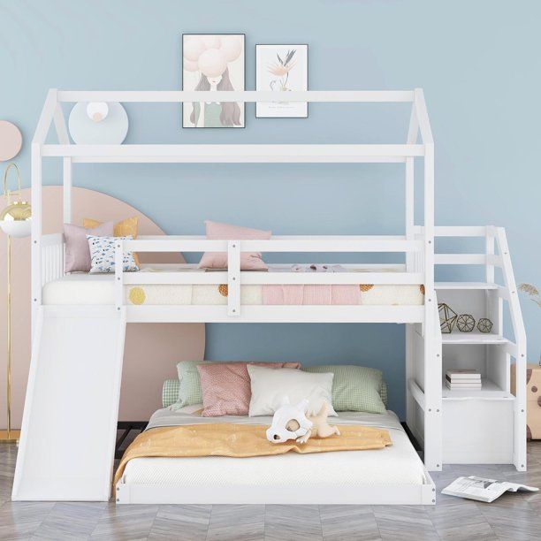 Photo 1 of *INCOMPLETE* QURTARSE Twin Over Full House Bunk Bed With Convertible Slide And Storage Staircase,Full-Length Guardrail, White Practical Design
