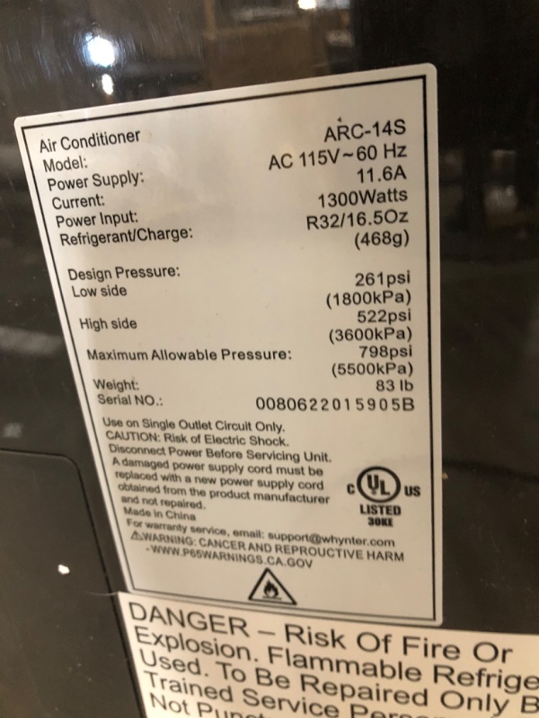 Photo 6 of **TESTED**MISSING REMOTE** Whynter ARC-14S 14,000 BTU (9,500 BTU SACC) Dual Hose Portable Air Conditioner, Dehumidifier, Fan with Activated Carbon Filter plus Storage bag for Rooms up...
