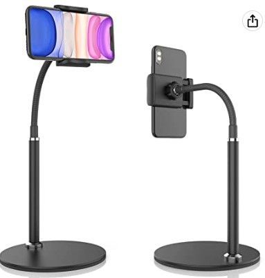 Photo 1 of Cell Phone Stand, Adjustable Height & Angle Phone Holder Gooseneck Flexible Arm Universal Phone Stand for Desk, Aluminum Alloy Desktop Cell Phone Holder Compatible with 3.5"-6.5" Device (Black)
