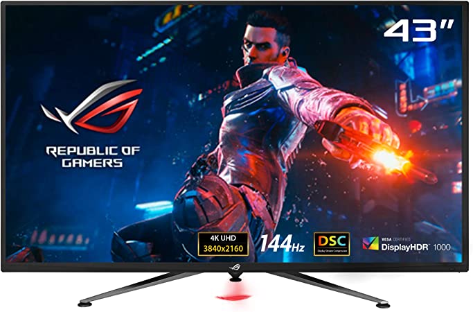 Photo 1 of ***MISSING POWER CORD*** ASUS ROG Swift PG43UQ 43” 4K HDR DSC Gaming Monitor, (3840 x 2160), 144Hz, G-SYNC Compatible, 1ms, Eye Care, DisplayHDR 1000, DisplayPort HDMI USB, Aura Sync
