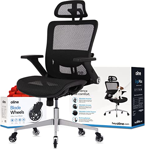 Photo 1 of Oline ErgoMax Ergonomic Office Chair - Rolling Home Desk Chair with 4D Adjustable Flip Armrests, 3D Adjustable Lumbar Support and Blade Wheels - Mesh Computer Executive Swivel Gaming Chair (Black)
