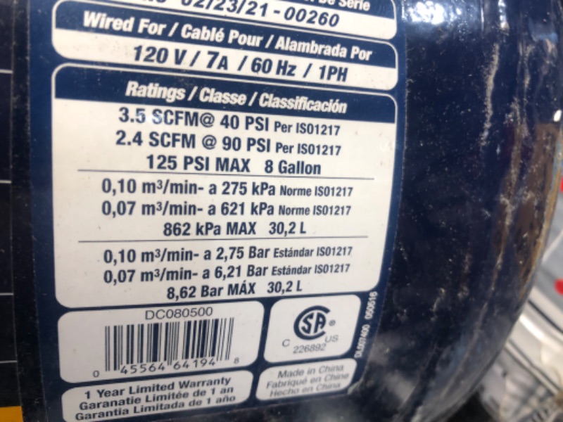 Photo 8 of Campbell Hausfeld Air Compressor, 8-Gallon Horizontal Oil-Lubricated 3.7CFM 1.3HP 120V 10A 1PH (HL540100AV)
