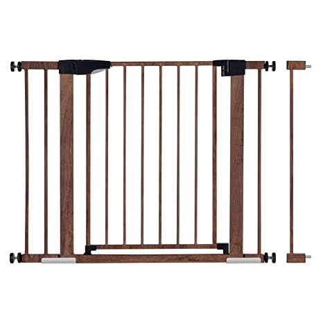 Photo 1 of Babelio Metal Baby Gate with Wood Pattern, 29-43" Easy Install Pressure Mounted Dog Gate, No Drilling, No Tools Required, Ideal for Stairs and Doorways, with Wall Protectors and Extenders
