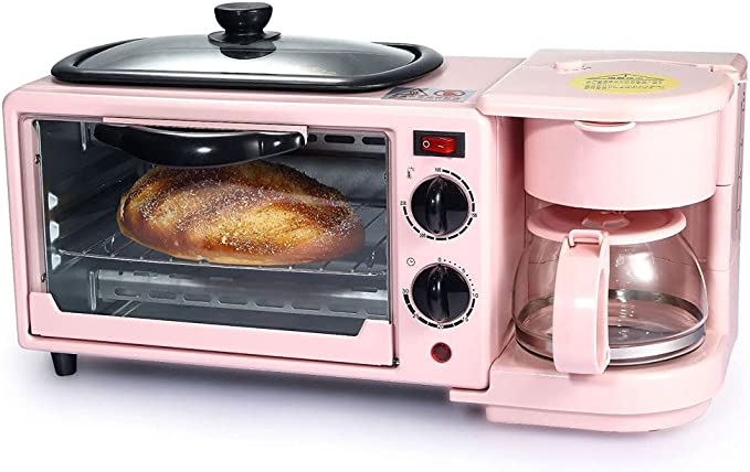 Photo 1 of 3 in 1 Breakfast Maker Station Toaster Oven with 30-Min Timer, Heat Selector Mode, 4-Cup Coffeemaker, Griddle, Toaster Oven, pink
