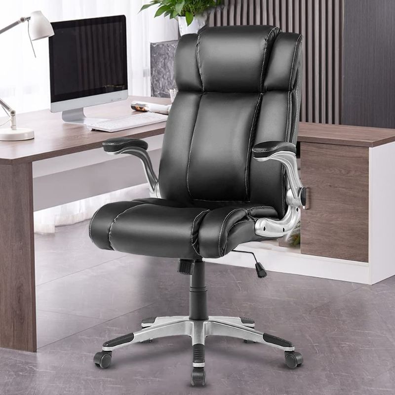 Photo 1 of KCREAM Executive Office Chair PU Leather with Flip-up Arms, Desk Chair Swivel Task Chair with Lumbar Support, Adjustable Height/Tilt, 360-Degree Swivel, 300Lb Weight Capacity