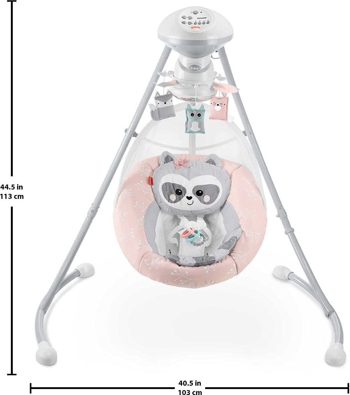 Photo 1 of 
Roll over image to zoom in
Fisher-Price Baby Raccoon Swing, Pink Dual Motion Baby Swing Seat with Music, Sounds, and Motorized Mobile