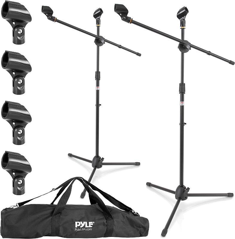 Photo 1 of Universal Adjustable Tripod Microphone Stand - Pair of Heavy Duty Lightweight Professional Compact Extendable Stage Studio Floor Standing Boom Mic Holder w/ Carry Bag, 5/8" Adapter - Pyle PMKSKT35
