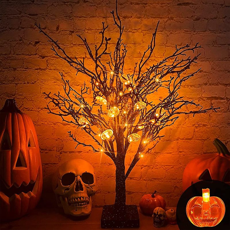 Photo 1 of Heceltt Tabletop Halloween Decorations, 24 Inch Light Up Trees with Pumpkin Faces, 24 LEDs Spooky Trees Battery Operated for Windows, Shelves and Fireplace Indoor, 2 Packs