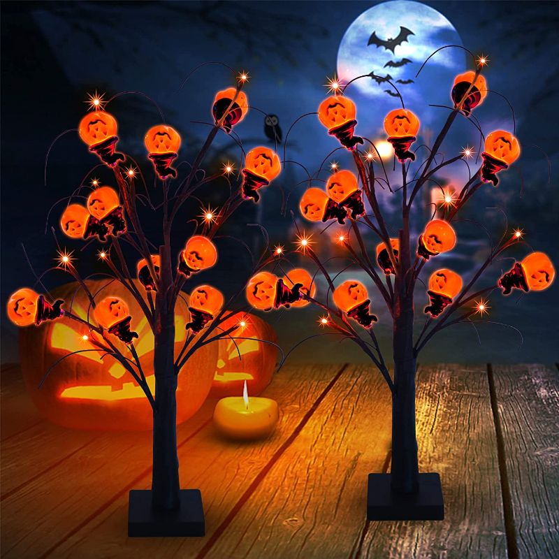 Photo 1 of Heceltt Tabletop Halloween Decorations, 24 Inch Light Up Trees with Pumpkin Faces, 24 LEDs Spooky Trees Battery Operated for Windows, Shelves and Fireplace Indoor, 2 Packs