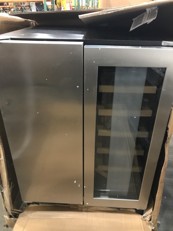Photo 2 of ****DAMAGED FROM SHIPPING HAS A DENT ON REAR CORNER****
DOOR IS UNEVEN**** 
Wine and Beverage Refrigerator,Velieta 24 Inch Dual Zone Fridge with Glass Door, Built-In Cooler with Powerful and Quite Cool System/18 Bottles and 88 Cans Capacity, Stainless Ste
