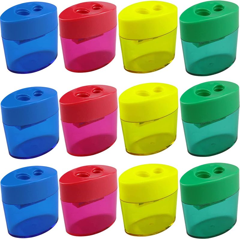 Photo 1 of 2 Hole Pencil Sharpeners Bulk, 12 Pcs Handheld Dual Blades Pencil Sharpener, Assorted Color Twin Sharpener for Standard Size Graphite and Color Pencils School Office Home