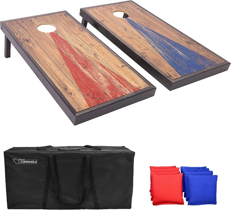 Photo 1 of (INCOMPLETE, DAMAGED) GoSports 4'x2' Regulation Size Premium Wood Cornhole Set - Choose Themed Design - Includes Two 4'x2' Boards, 8 Bean Bags and Carrying Case
**CORNERS CHIPPED AND DAMAGED, BAG/ZIPPER DAMAGED**
