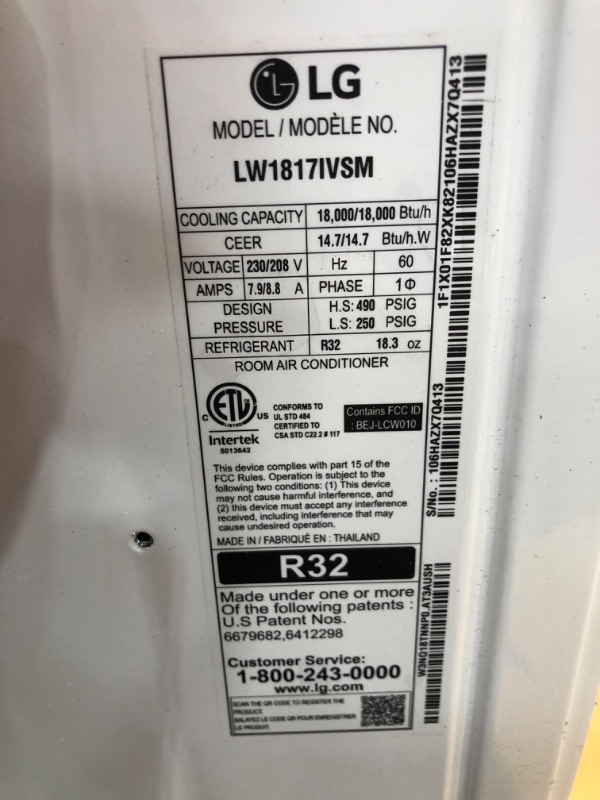 Photo 4 of (DOES NOT FUNCTION)LG Electronics 18,000 BTU 230V Dual Inverter Window Air Conditioner with Wi-Fi Control
**UNABLE TO TEST POWER CORD**