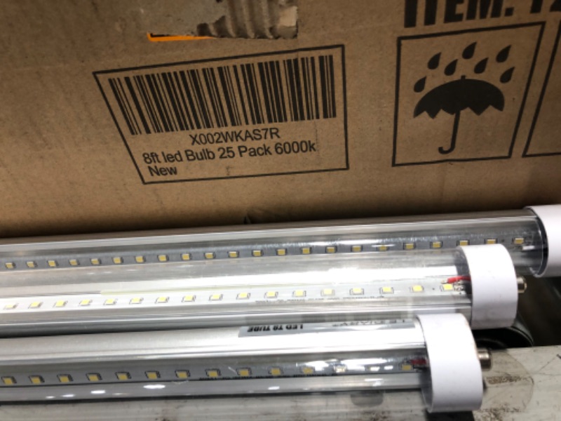 Photo 1 of DAMAGED, LEDIARY 25-Pack 8FT LED Tube Light, for T8 or T10 or T12 Flourescent Light Bulbs (120W) Replacement, 45W 5200LM 6000K, FA8 Single Pin Base, Dual Ended Power, Ballast Bypass
**3-LED LIGHTS DAMAGED, NOT TESTED**
