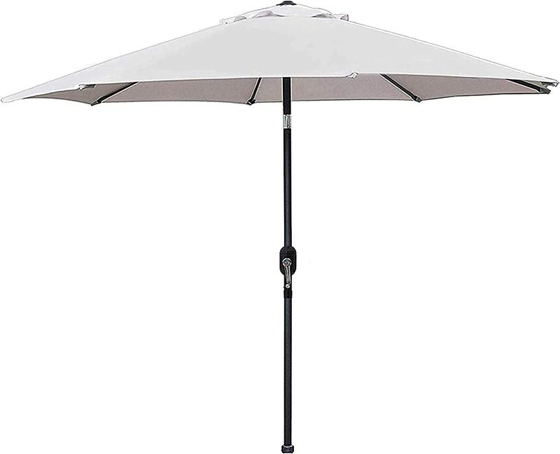 Photo 1 of (DAMAGE)Blissun 9' Outdoor Aluminum Patio Umbrella, Striped Patio Umbrella, Market Striped Umbrella with Push Button Tilt and Crank (Grey)
**SMALL HOLE ON UMBRELLA**
