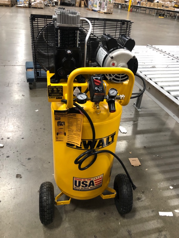 Photo 4 of (DENTED ATTACHMENTS; MACHINE MAKES RUMBLE SOUND WHEN POWERED ON) DEWALT 25 Gal. 200 PSI Oil Lubed Belt Drive Portable Vertical Electric Air Compressor