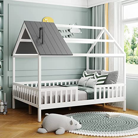 Photo 1 of (INCOMPLETE; NOT FUNCTIONAL; BOX1OF2; REQUIRES BOX2 FOR COMPLETION) Kids House Bed Full Size, Wood Kids Bed Frame with Roof, Chimney and Fence, Toddlers Platform Bed with Slats Support, No Box Spring (Grey+White)
