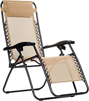 Photo 1 of (BROKEN SIDE) Amazon Basics Outdoor Textilene Adjustable Zero Gravity Folding Reclining Lounge Chair with Pillow, Beige
