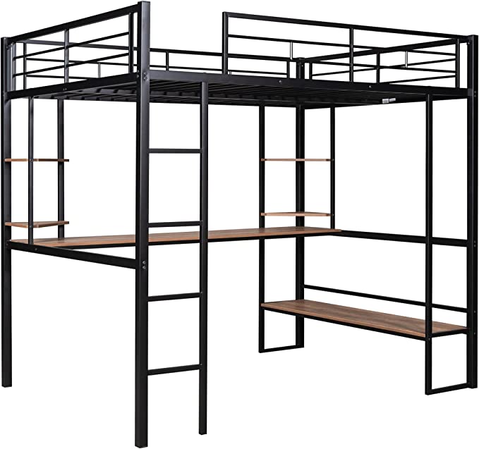 Photo 1 of (INCOMPLETE; NOT FUNCTIONAL; BOX2OF2; REQUIRES BOX1 FOR COMPLETION) Full Size Loft Bed with Long Desk,Metal Bed Frame with Shelves and Full-Length Guardrails for Kids, Teens, Adults,No Spring Box Required (Black)
