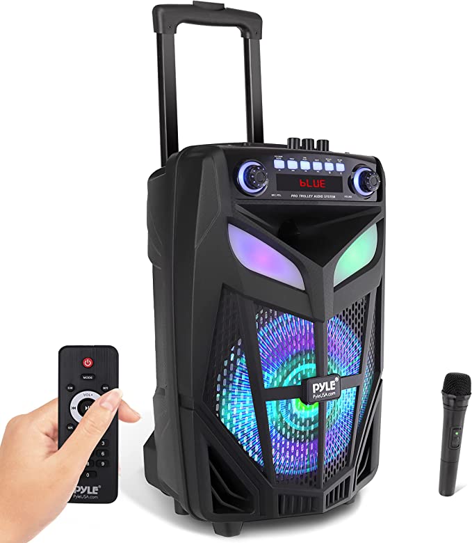 Photo 1 of Portable Bluetooth PA Speaker System - 800W 12” Outdoor Bluetooth Speaker Portable PA System - Party Lights, USB SD Card Reader, FM Radio, Rolling Wheels - Wireless microphone, Remote -Pyle PPHP121WMB
