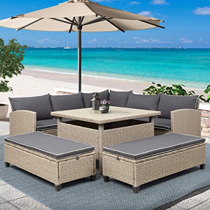 Photo 1 of (INCOMPLETE; NOT FUNCTIONAL; BOX3OF4; REQUIRES BOX1,2,4 FOR COMPLETION) kupet 6-Piece Patio Furniture Set Outdoor Sectional Rattan Corner Sofa Wicker Loveseat Couch with Square Table & Two Single Bench for Backyard,Garden, Poolside, Gray
