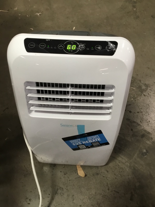 Photo 6 of DAMAGE, INCOMPLETE!! SereneLife SLACHT128 Portable Air Conditioner Compact Home AC Cooling Unit with Built-in Dehumidifier & Fan Modes, Quiet Operation, Includes Window Mount Kit, 12,000 BTU + HEAT, White
**WHEELS BROKEN, DOWN BUTTON DAMAGED, MISSING REMO