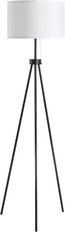 Photo 1 of 15 INCHES IN DIAMETER Tripod Floor Lamp with Pull Chain Standing, Fabric WHITE  Lampshade E26 Lamp Holder Steel for Living Room, Bedroom, Office, Black

